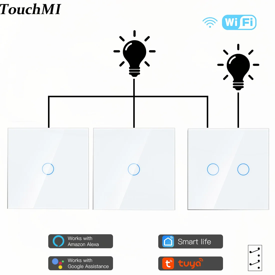 

TouchMI Wifi Stairs Wall Switches Smart Touch 1/2/3Gang 3way Sensor Switch Tuya Smart Life Google Alexa App Control Glass Panel