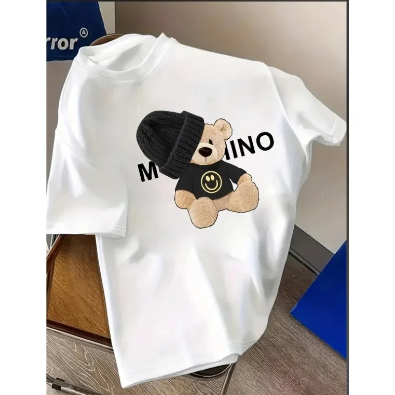 Camiseta cuello redondo con estampado de letras de oso de peluche informal para mujer, suave y cómoda, primavera y verano