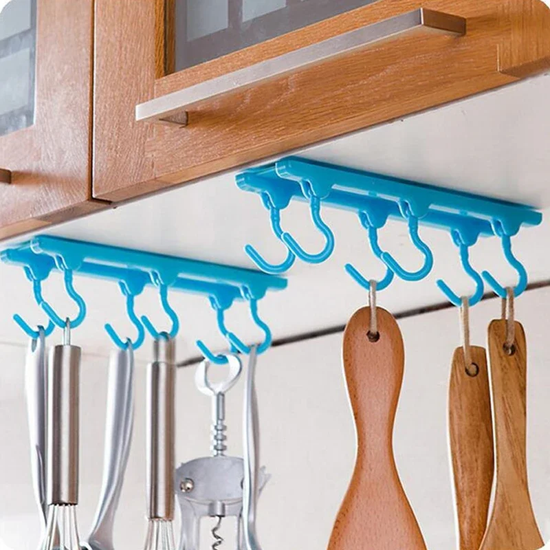 Kitchen Rack Holder Hook Ceiling Wall Cabinet Hanging Storage Organizer, Parallel Hanger, Bathroom Shelves with 6 Hooks