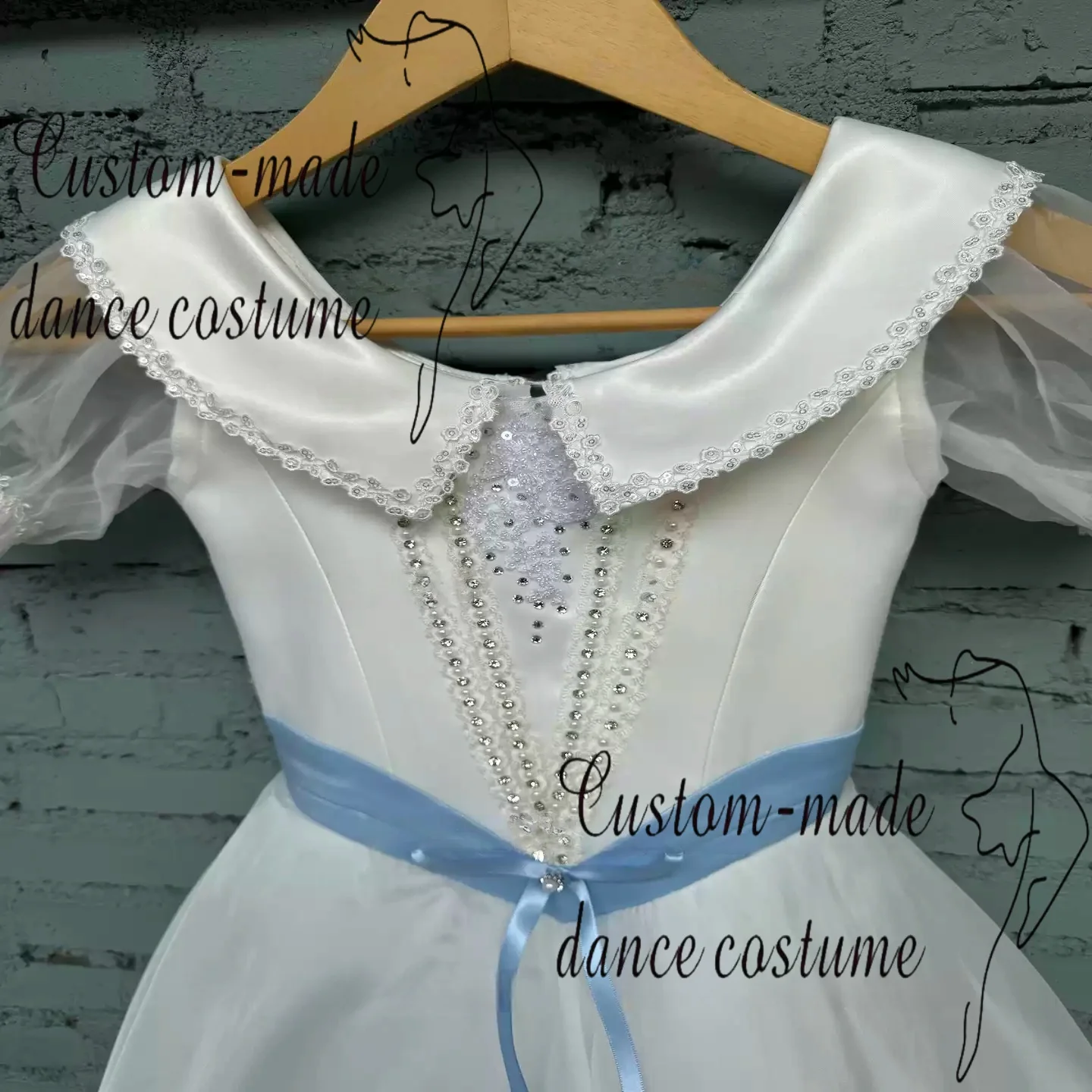 White Graduation Ball Variations Blue Bow Long Yarn Dress Ballet Performance Costume Customization