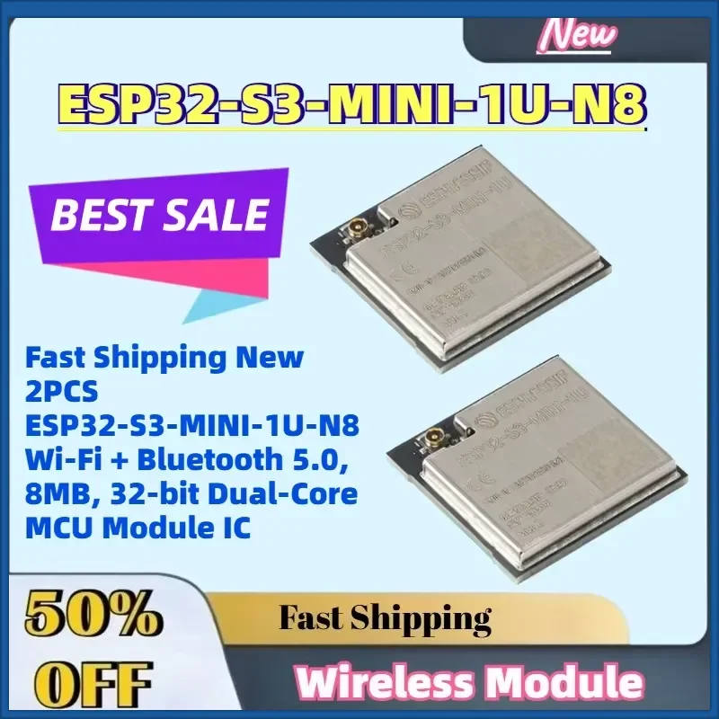 Fast Shipping New 2PCS ESP32-S3-MINI-1U-N8 Wi-Fi + Bluetooth 5.0, 8MB, 32-bit Dual-Core MCU Module IC