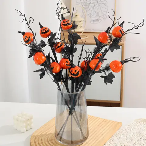 1/10Pcs Halloween Branches Artificial Pumpkin Maple Leaf Stem Flowers Halloween Party Decoration For Home DIY Vase Photo Props