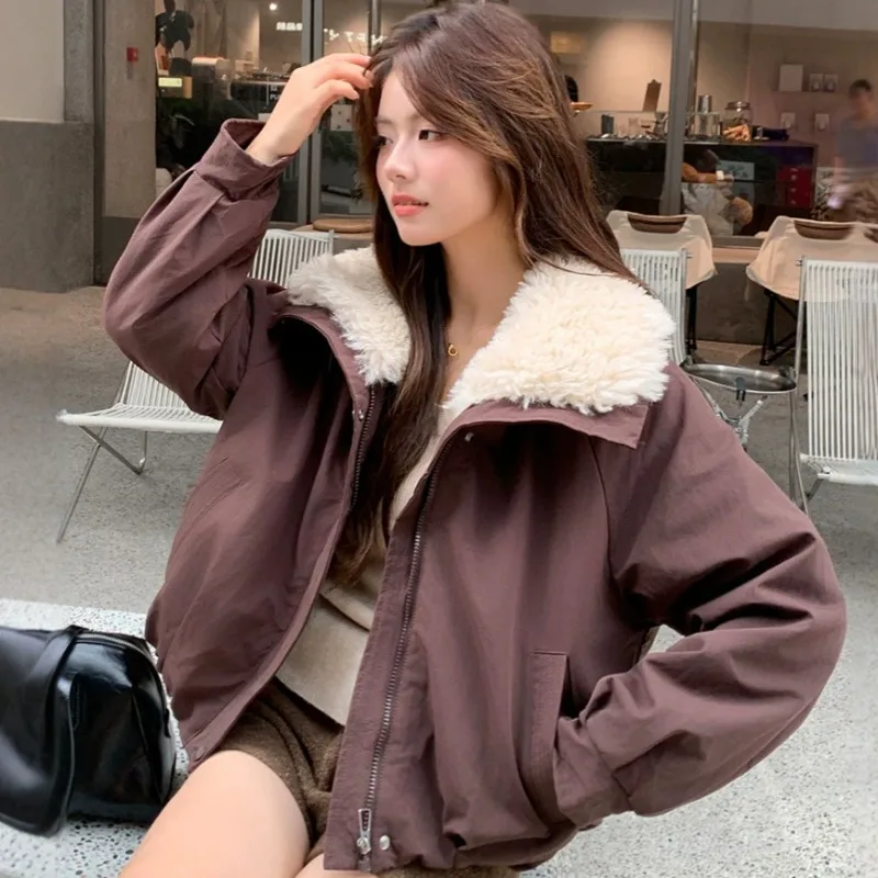 2026 Fashion Faux Lamb Fur Collar Cotton-padded Jacket Women's Short Parkas Winter Thicken Warm Coats Student Loose Outerwear