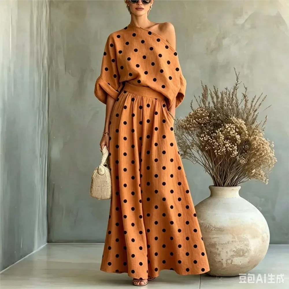 Women Skew Neck Half Sleeve Shirt Pants Two Piece Sets Autumn Solid One Shoulder Shirt Top & High Waist Wide Leg Pants Outfits