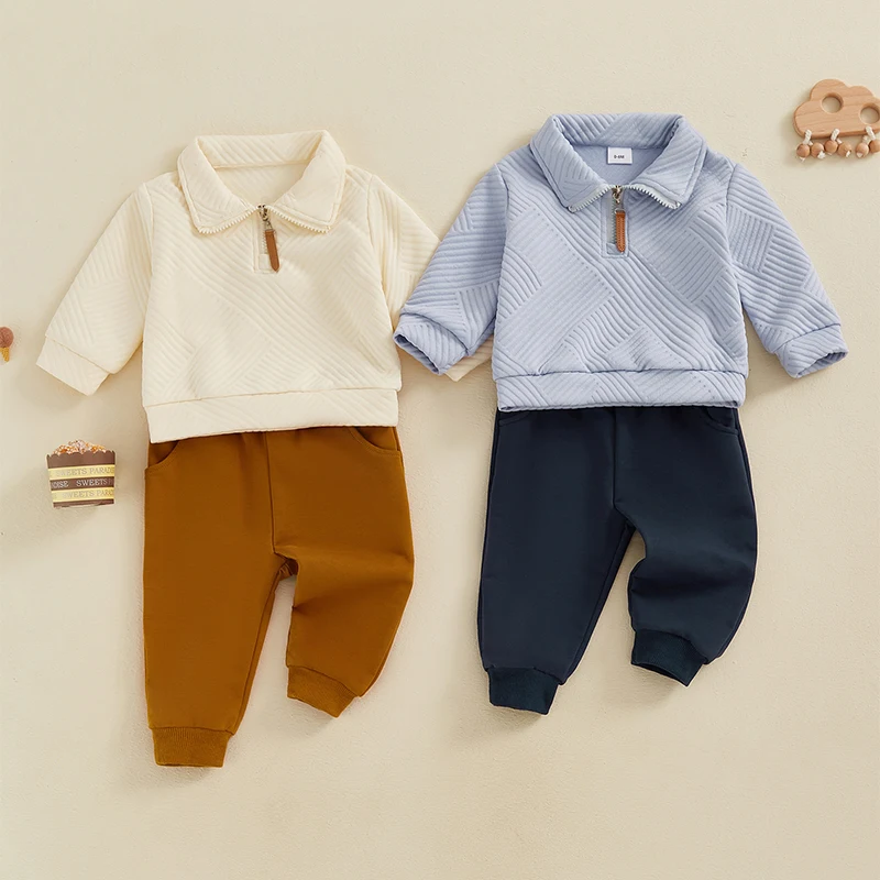 

Boy Autumn Outfit Clothes Sets Toddler Baby Boys Casual Long Sleeve Lapel Half Zip Up Pullover Solid Color Pants Sets