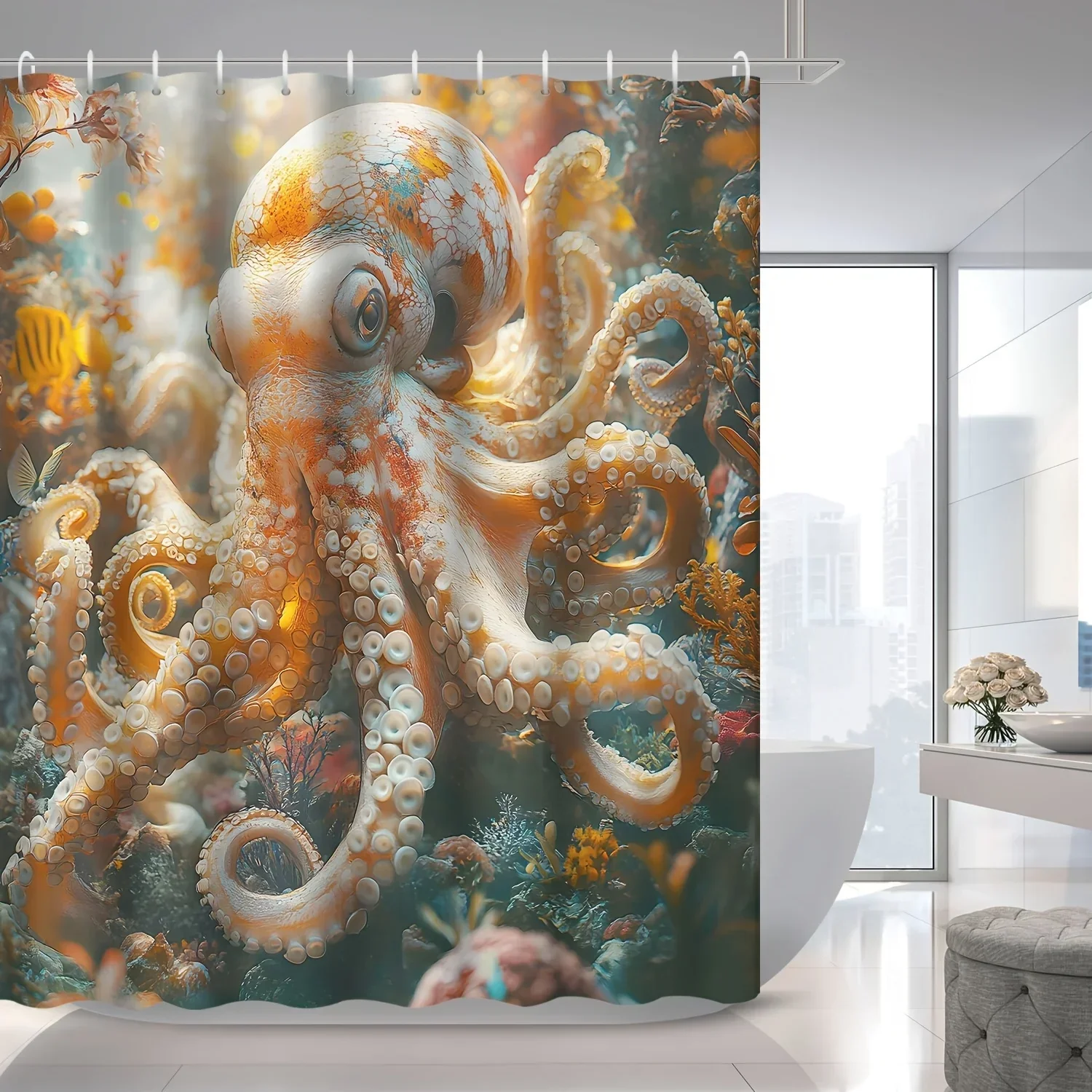 1pc Marine Life Squid Octopus Tentacle Shower Curtain Partition Curtain, Contains 12 Hooks Shower Curtain, Bathroom Decoration,V