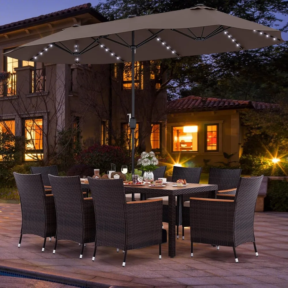 Outdoor Rattan Furniture Set, Terrace Dining Table Set, 15 Foot, Double-sided LED, Terrace Umbrella, Including Base, 11 Pcs