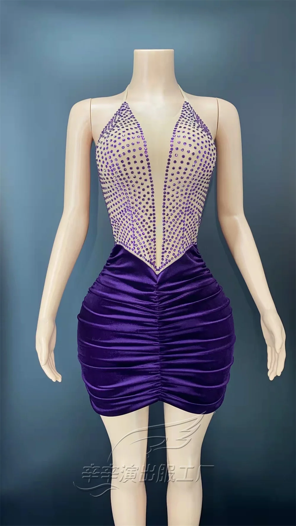 

Purple Rhinestone Stitching Velvet Hip Skirt Costumes Car model Female Singer Host Stage Show Performance Evening Dress