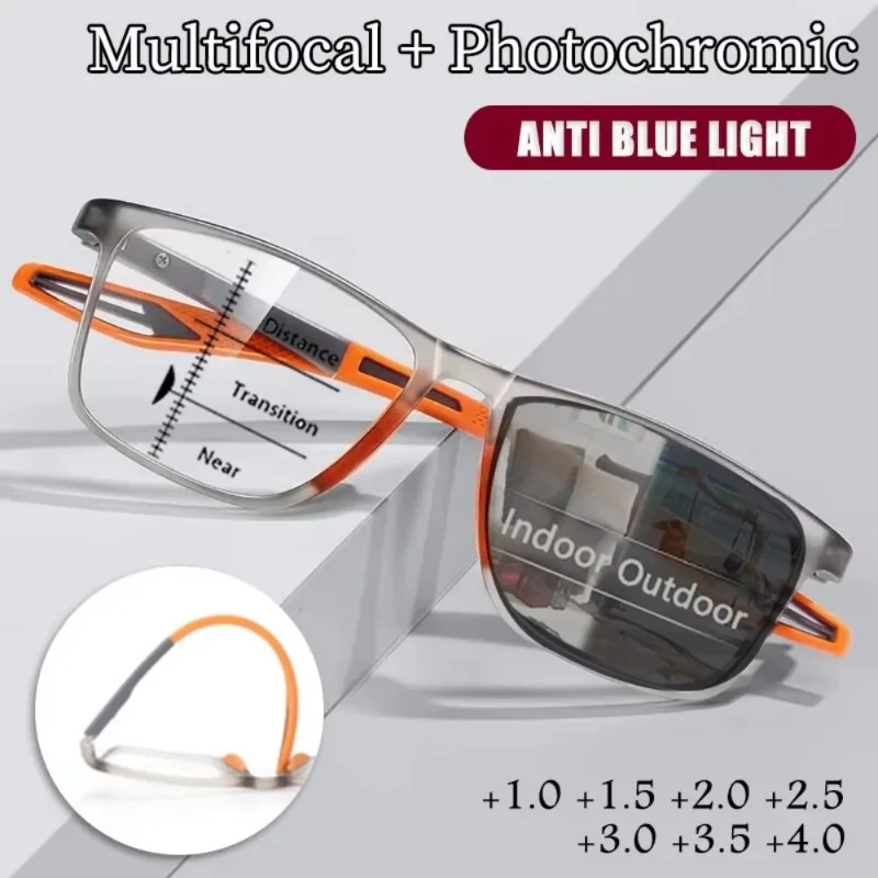 3in1 Photochromic Multifocal Reading Glasses Progressive Look Far and Near Eyeglasses Men Sport TR90 Frame Anti Blue Light Grade