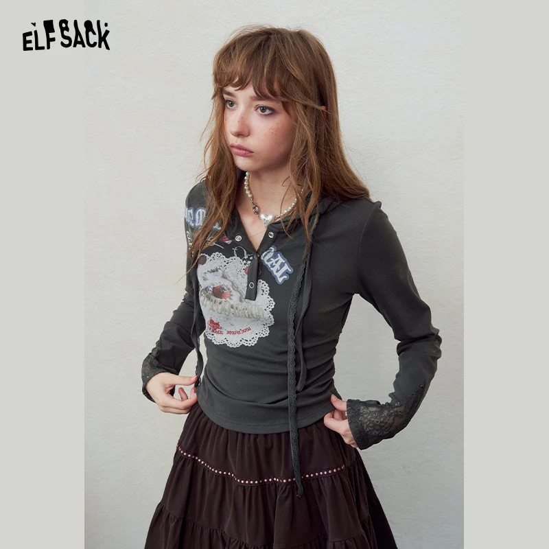 ELFSACK Women's Graphic Hooded Top with Lace Trim, Retro Print Long Sleeve Tee, Casual Slim Fit Top