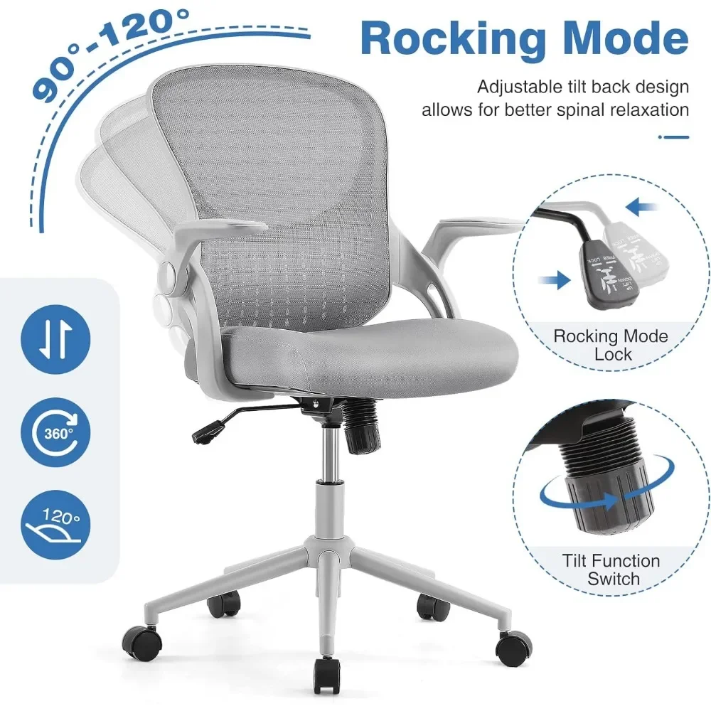 Silla ergonómica de escritorio para el hogar y oficina, asiento de malla con soporte Lumbar, reposabrazos giratorio, ajustable, color gris