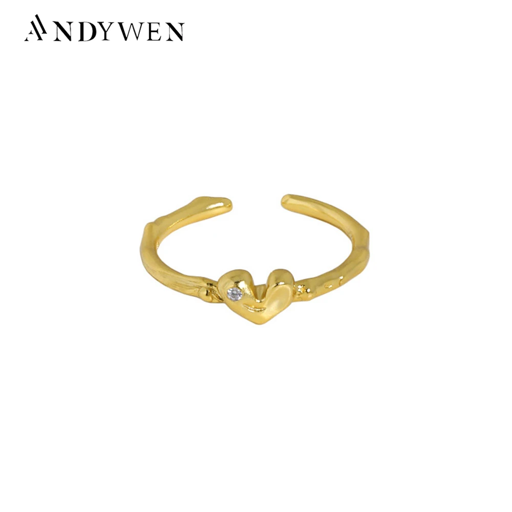 ANDYWEN 925 Sterling Silver Plain Heart Resizable Irregular Geometric Ring 2021 Large Fashion Fine Jewelry Round Crystal