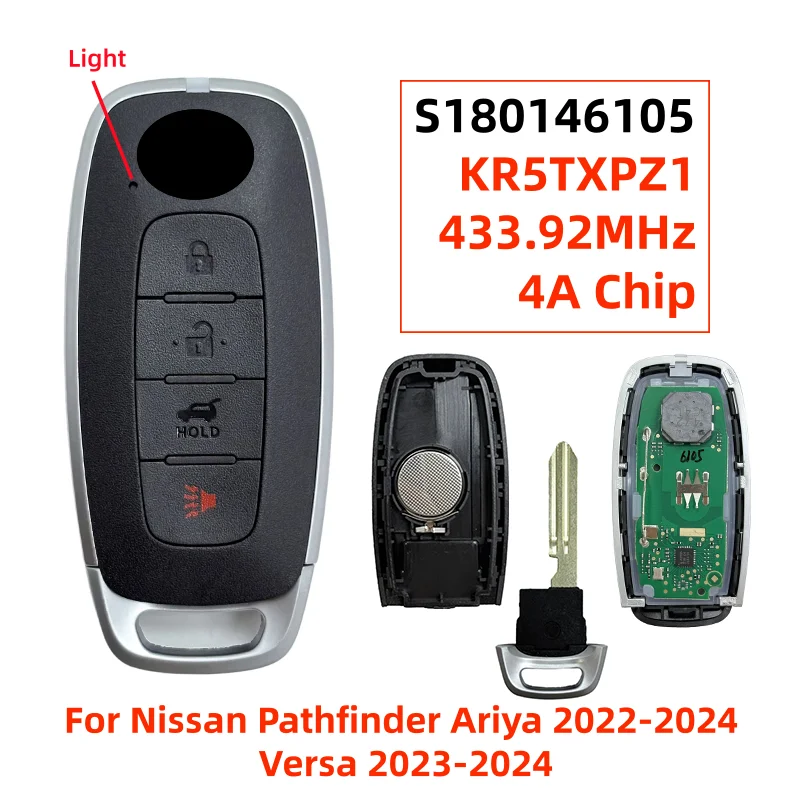 

KR5TXPZ1 S180146105 4 Button Smart Keyless Replacement Fob 433MHz 4A Chip For Nissan Pathfinder Ariya 2022-2024 Versa 2023-2024