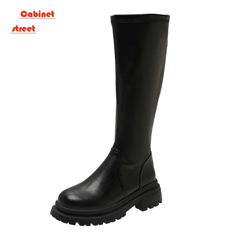 

Knee High Thigh Platform Leather Boots Women 2024 Autumn Winter Round Head Zipper Elastic Thick Sole Heel Knight Female Shoes