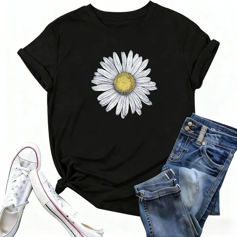 Daisy Flowers Shirt Floral Design Daisy Graphic T Shirt С Принтом Folk Art Shirt Women TShirt Mujer Camisa Feminina Kleding
