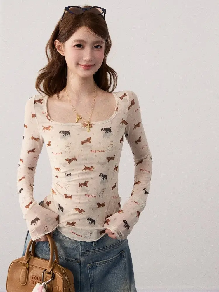 

Y2K American Retro Printed T Shirt Women Harajuku Bodycon Long Sleeve Top Early Fall Streetwear Blouse Korean Chic Women Clothes