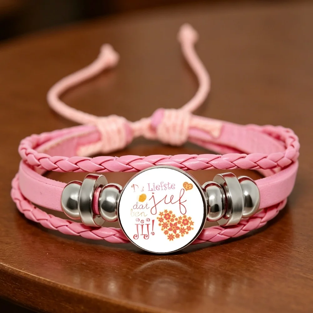 Pulsera de Cuero Rosa Multicapa con Diseño de Moda VOOR DE Liefste Juf, Regalo de Joyería con Dije de Agradecimiento para Juf, Querida Profesora