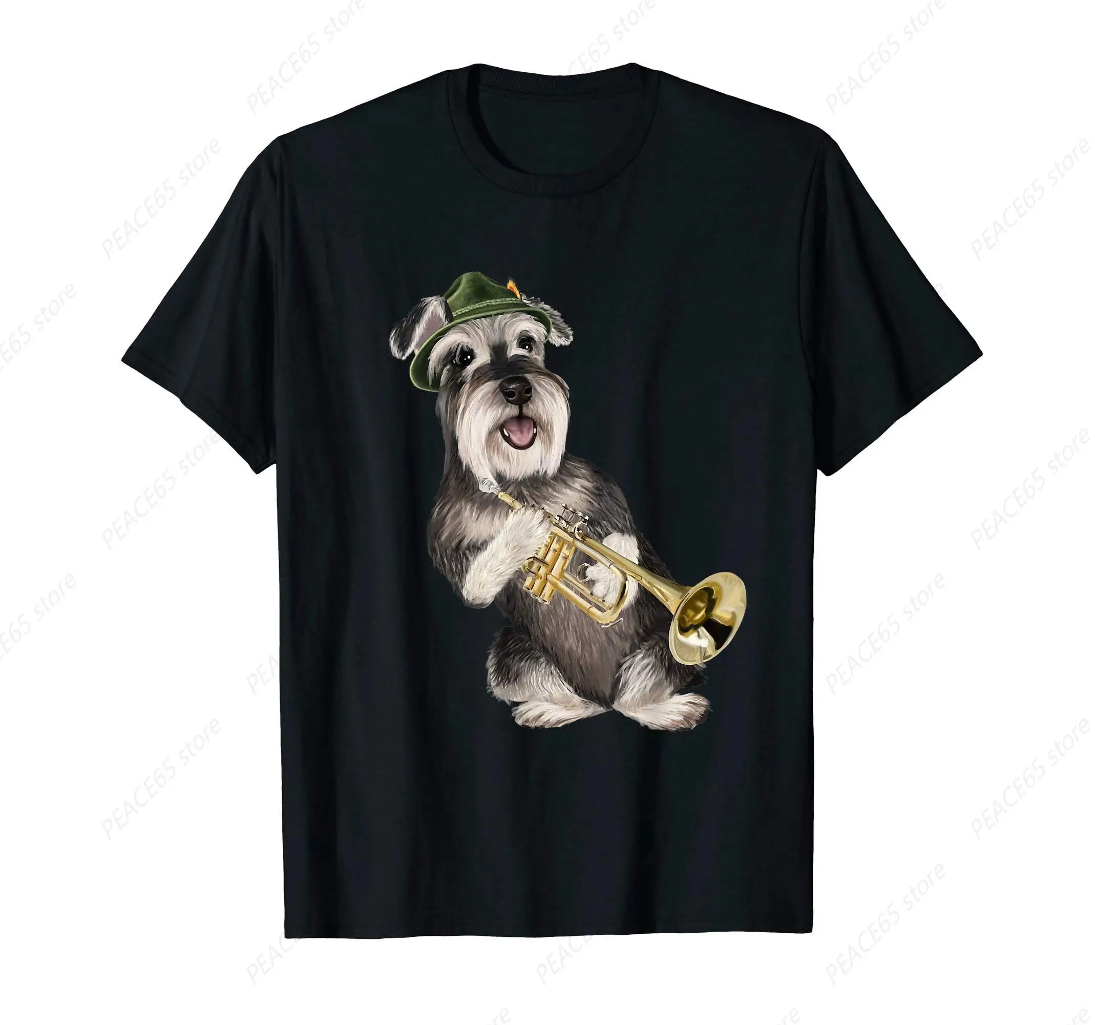 Dog Playing The Trumpet Miniature Schnauzer T-Shirt Women Men Cotton Short Sleeve