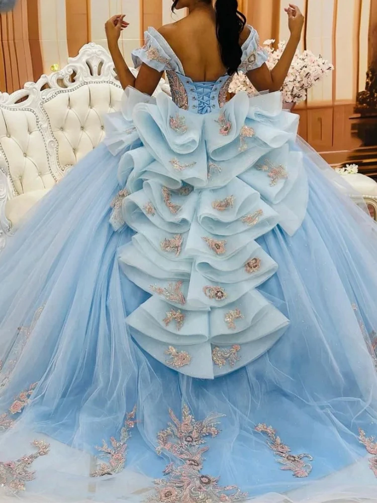 

Charming Sky Blue Princess Quinceanera Dresses Cap Sleeve Applique Lace Up Tiered Party Prom Dress Vestido De vx Anos Sweet 16