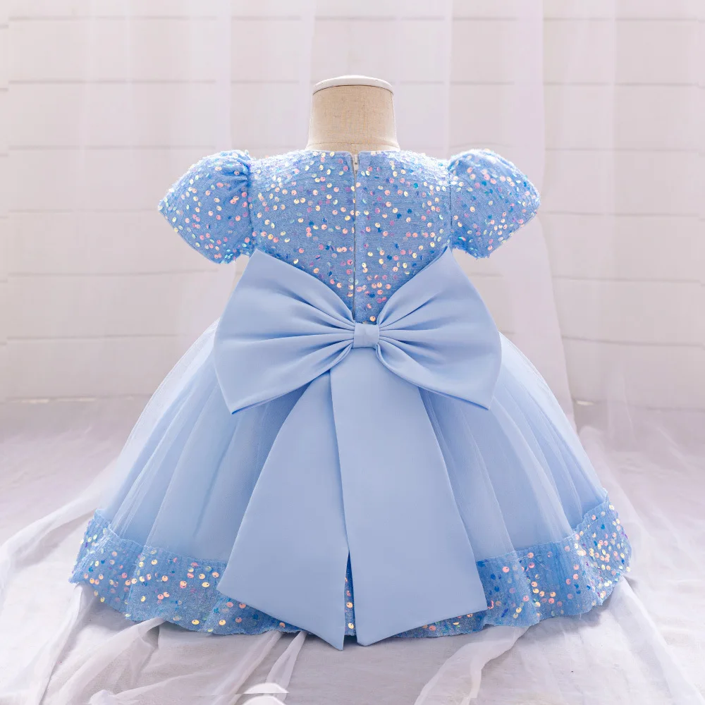 Infant Gown Kids Sequins Short Sleeve Flower Princess Dress For Baby Girls Wedding Baptism Birthday Party Christening Ball Gown