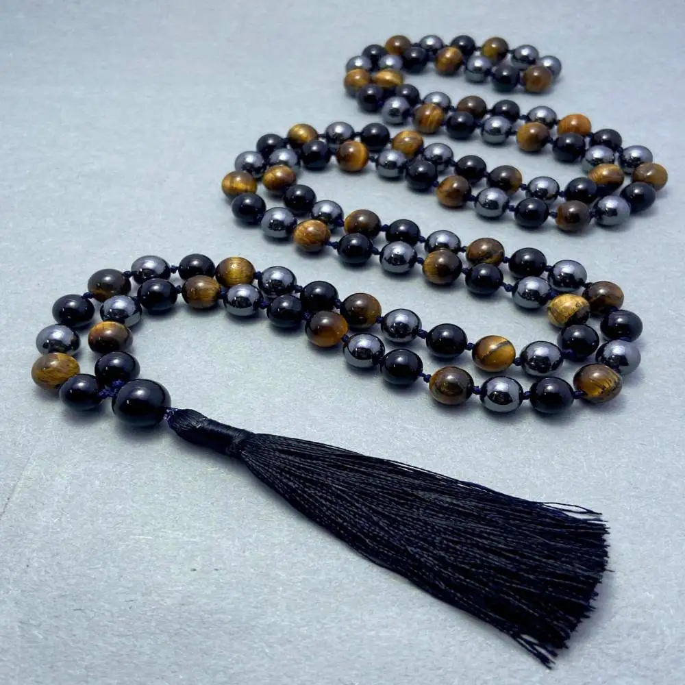 

Natural Black Obsidian 108 Beads Mala Necklace with Tiger's Eye & Hematite Accent Black Tassel Spiritual Jewelry