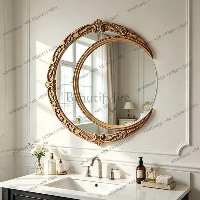French retro carved moon mirror medieval light luxury crescent special-shaped household bathroom entrance wall decorative mirror