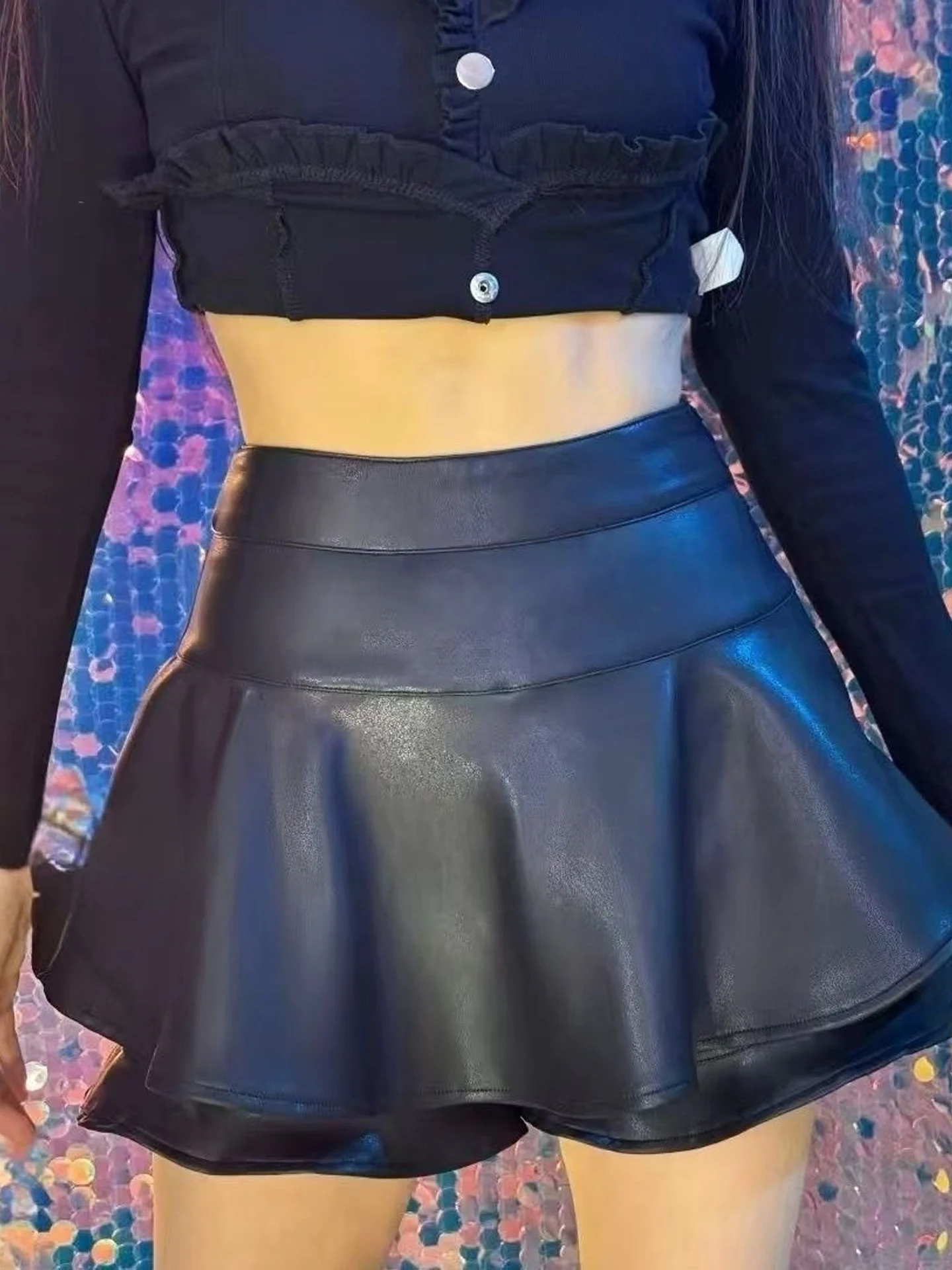 High Waist PU Leather  Skirt with Lace Trim American Style Women's Fashionable Half Body Black PU Leather Versatile Skirt