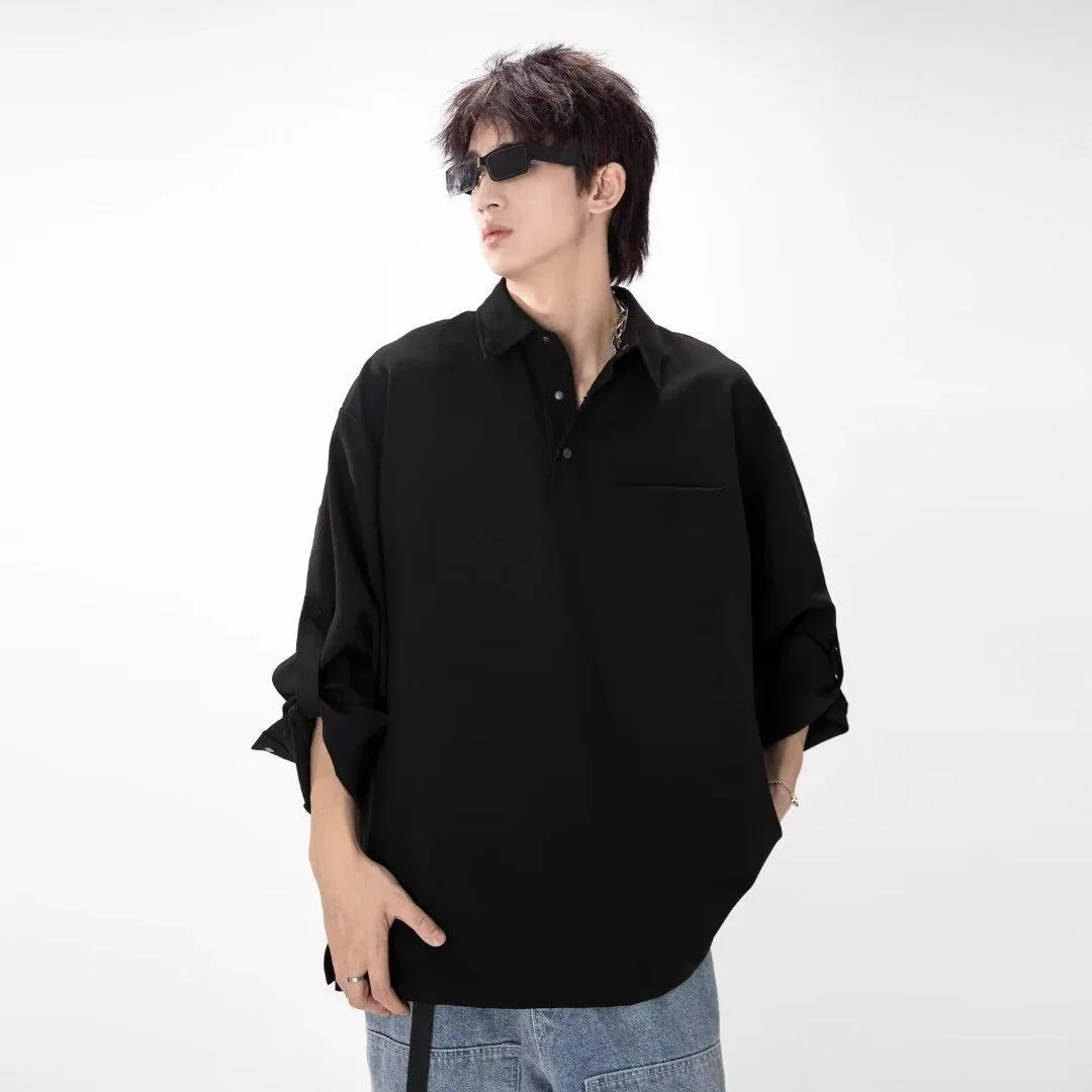 

Man Long Sleeved Shirt Clever New Chaopai Self-control Shirt Pocket Decorative Feeling Pi Shuai Design Loose Fitting Lovers Tops