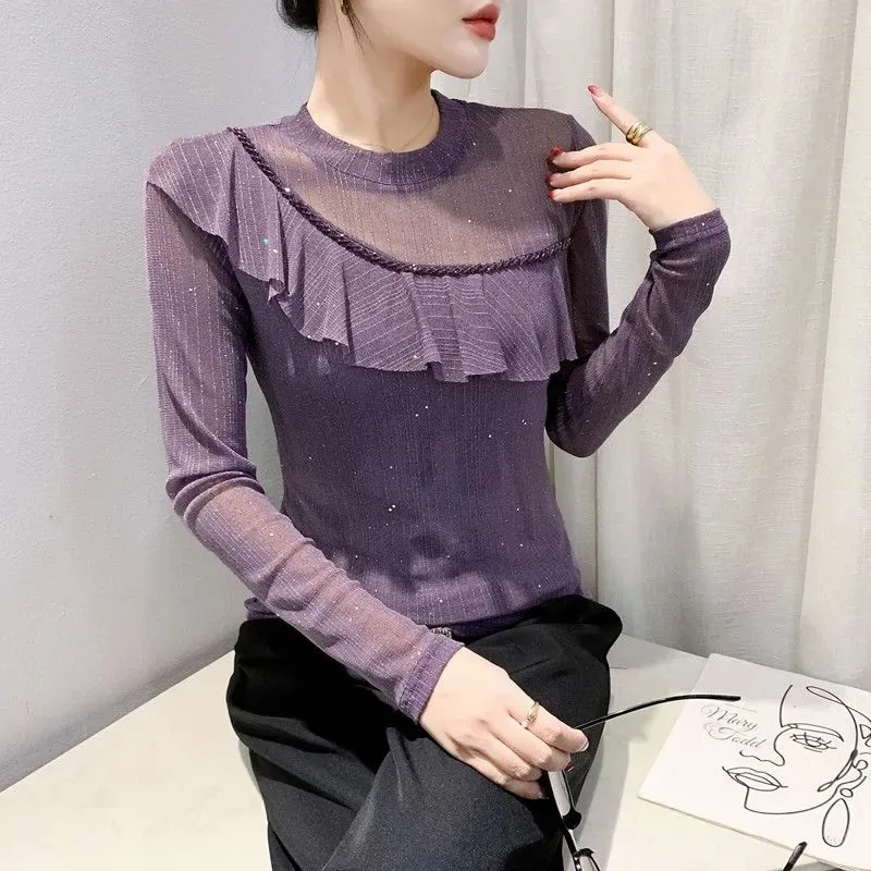 

New Autumn Winter Sexy Mesh T-shirt Women's Long-sleeved Fashion Ruffled Western-style Top Slimming Bottoming Shirt