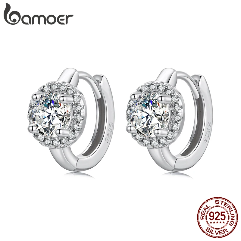 BAMOER Gold Plated Brilliant Round Faux Diamond Halo Earrings, 925 Sterling Silver Premium Cubic Zirconia Trend Hoop Earrings