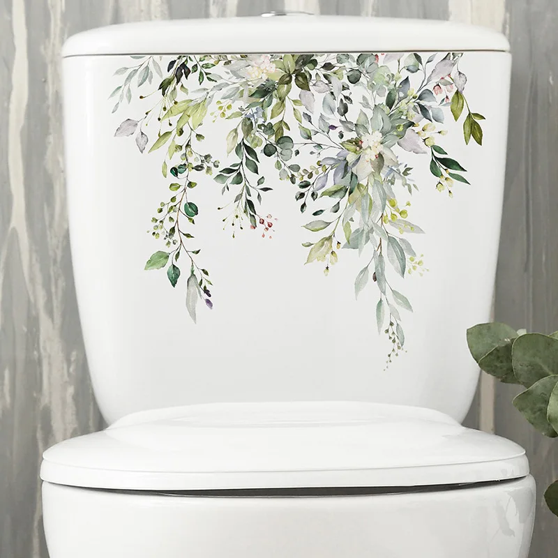 Green Plant Leaves Bathroom Toilet Sticker WC Closestool Wall Sticker Self Adhesive Mural Beautify Flower Home Decoration Decals