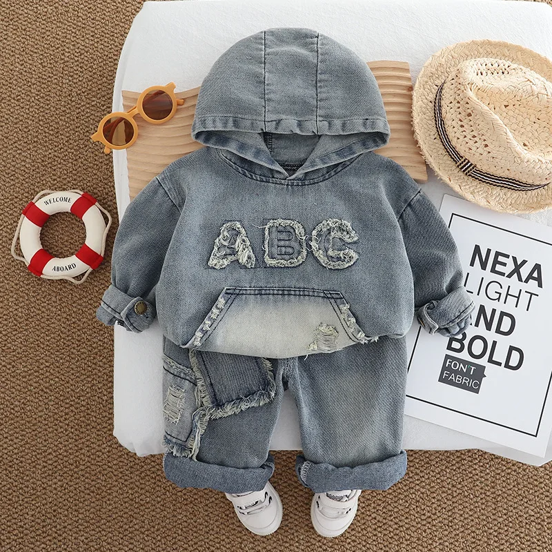 

Children's Clothes 2025 Spring and Autumn Hooded Denim Alphabet Big Pocket Heavy Industry Old Long Sleeve Two-piece Suit