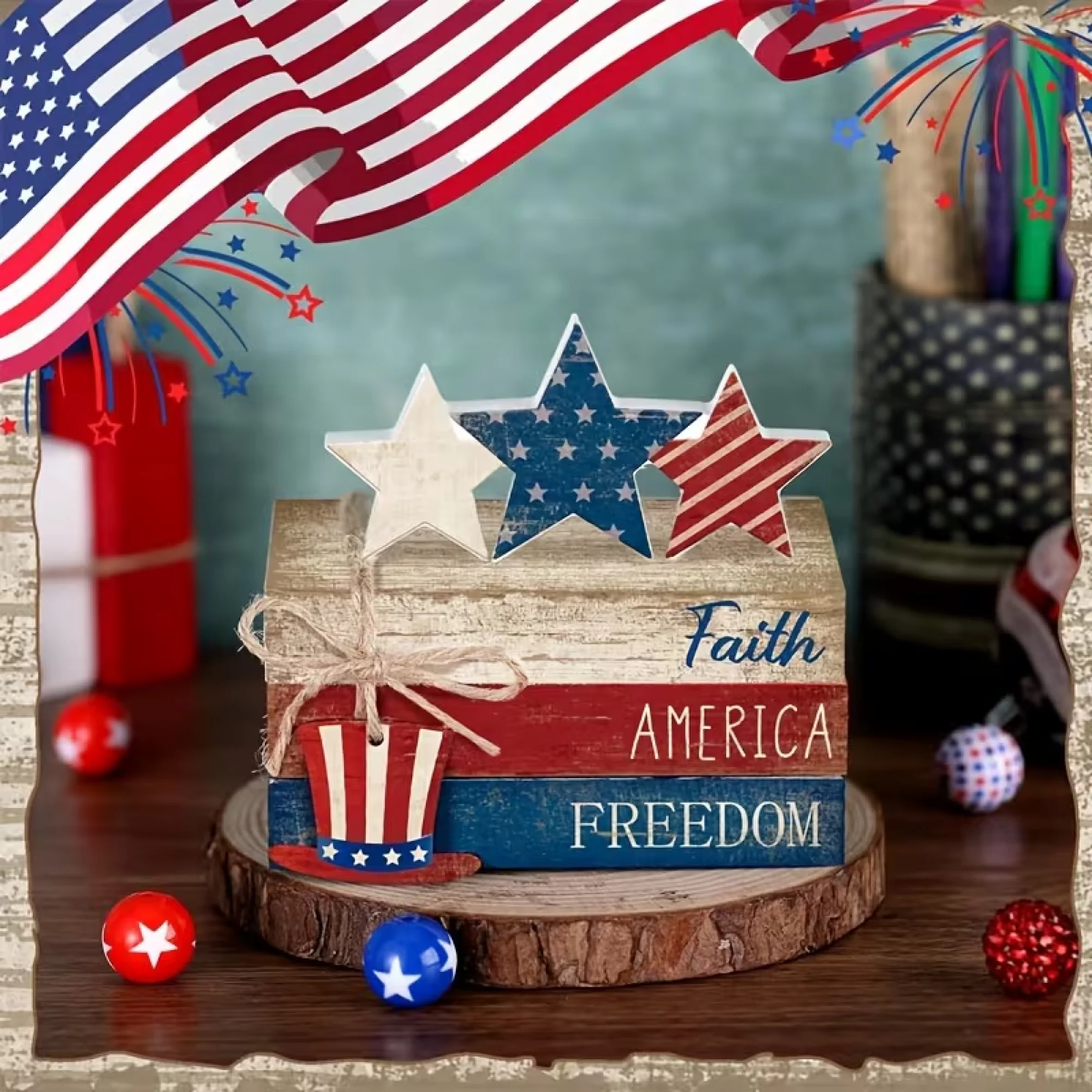 6Pcs 4th of July Table Decorations Patriotic Wooden Table Sign Memorial Day Tiered Tray Decor for Home Festival Party