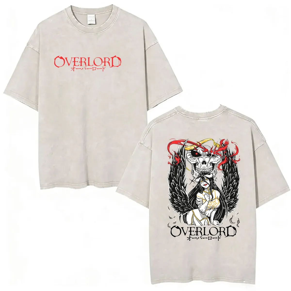 Vintage Washed Overlord Albedo and Ainz Ooal Gown Anime Graphic T Shirt Men Women Gothic Fashion Short Sleeve T-shirt Streetwear