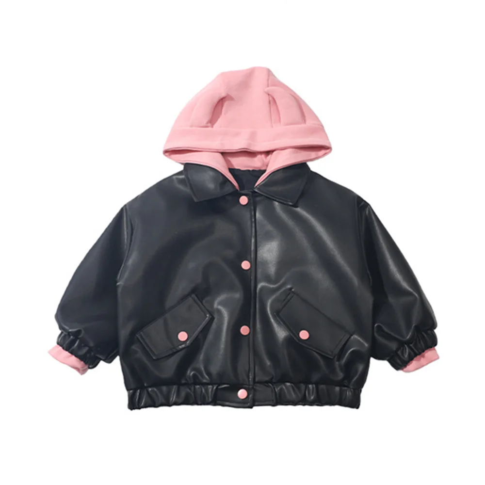 Spring/Autumn Girls Fake Two piece Hooded Leather Jacket Pink Devil Ear Costume Dress 2026 New Collection of Children's Clothing