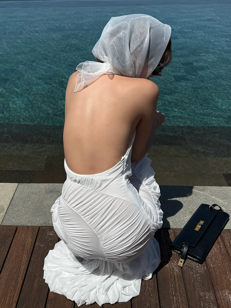 Gala Dreamy Glamour Sheer White Ruffle Halter Backless Dress para Gardem Party Sexy Dress