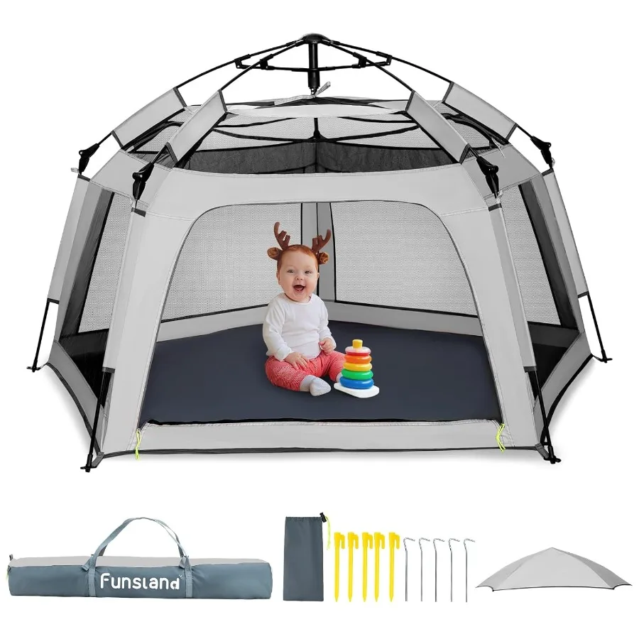 Tente pop-up pour parc de bébé – Tente de jeu extérieure et intérieure pour la plage avec sac de voyage auvent, cour de jeu portable pour bébés et tout-petits