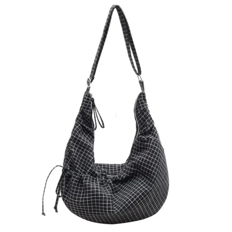 

Korean Ins Lazy Style Cow Horn Bag Large Capacity Canvas Bag Pleated Plaid Commuting Shoulder Crossbody Bag for Women