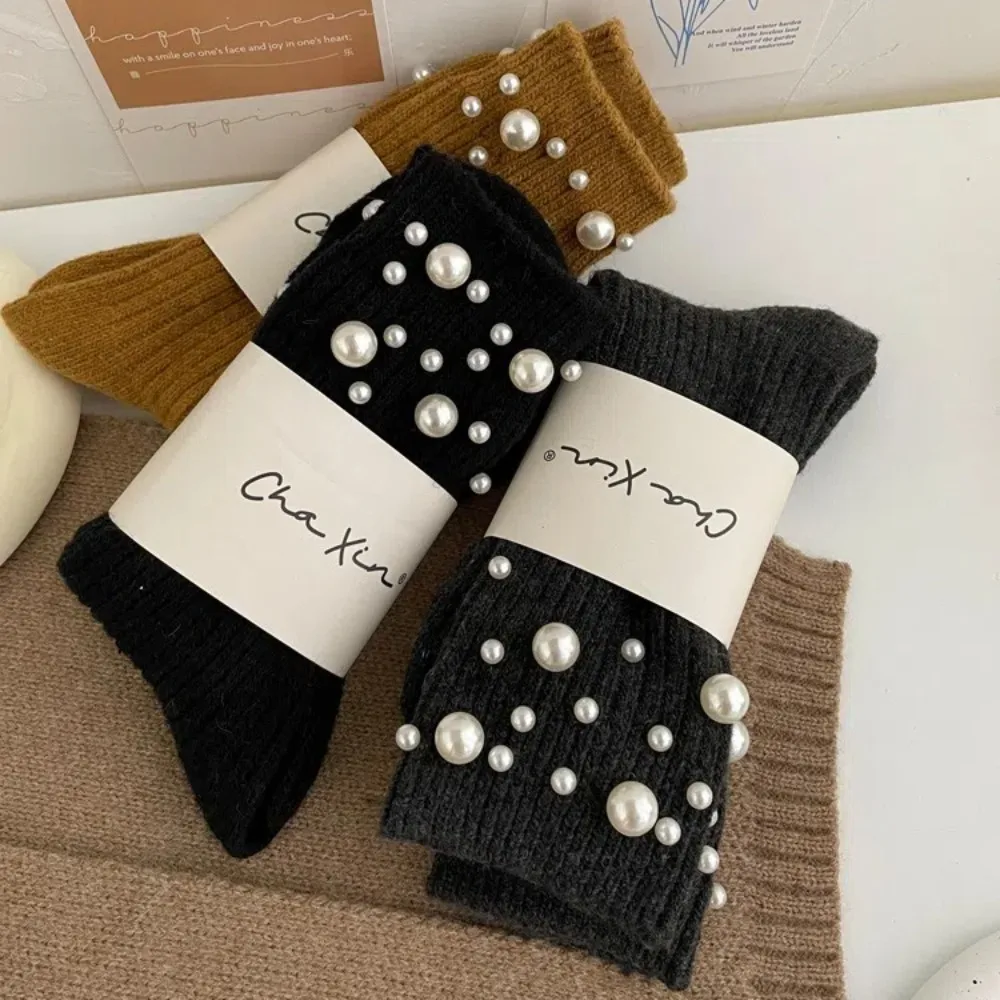 Новые утепленные носки с жемчугом, однотонные зимние носки, вязаные теплые женские носки, осень
