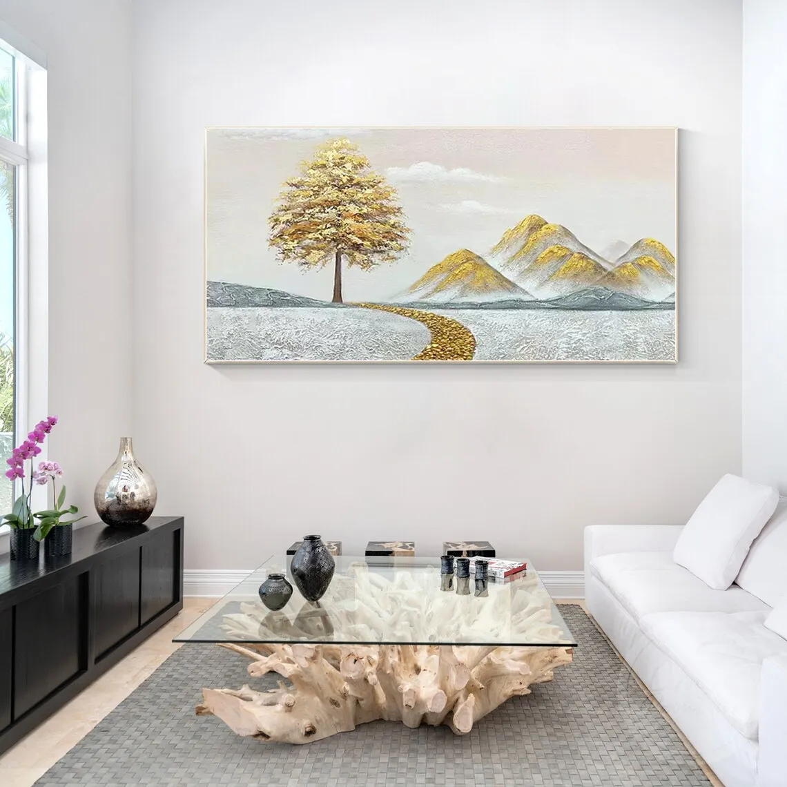 

Дорога дерева Пейзажная живопись Большая золотая картина на дереве Текстурированное искусство Горное настенное искусство Розовый акрил Ручная роспись Настенный декор