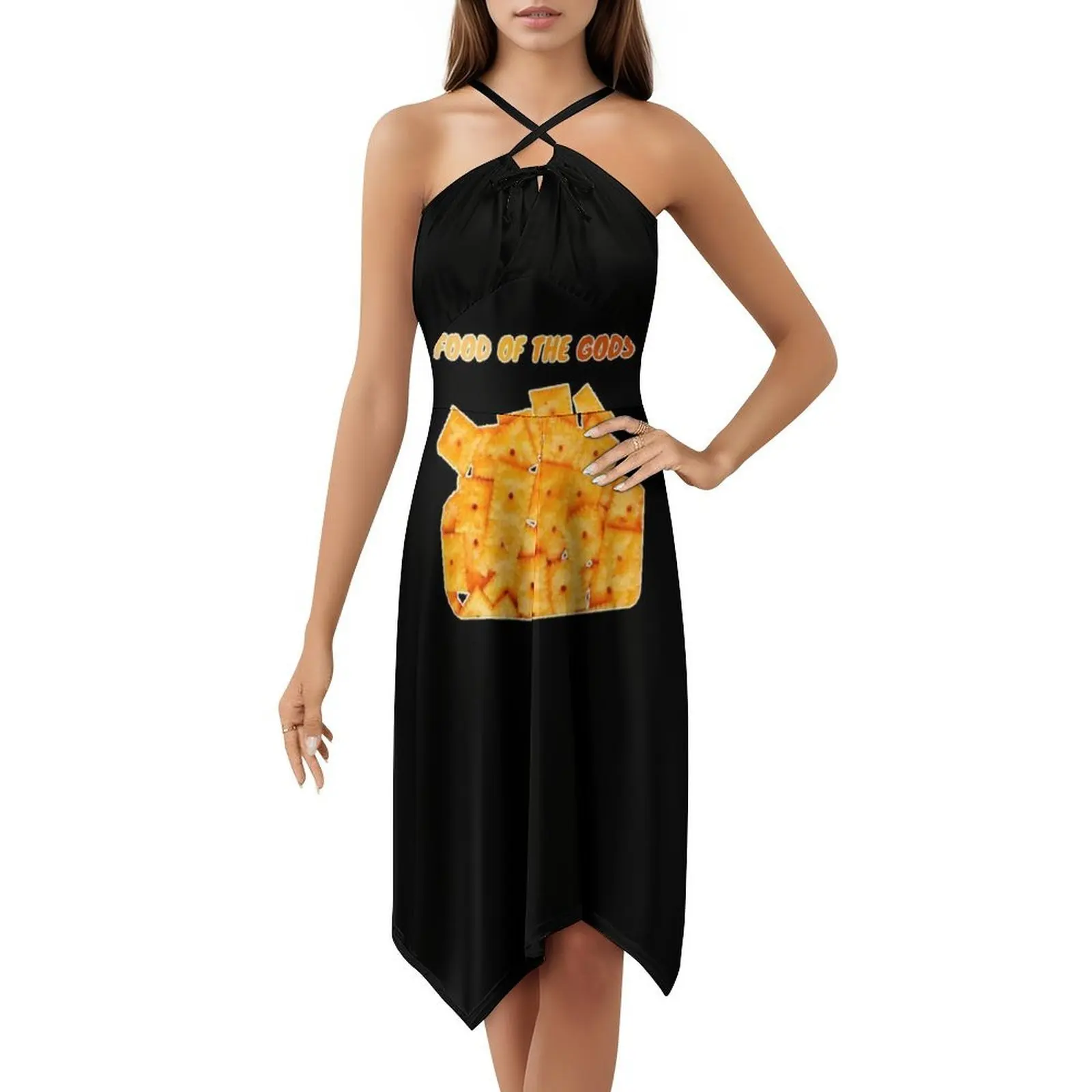 فستان بوهيمي بدون أكمام من Cheez It للنساء مطبوع عليه فساتين حفلات الشاطئ Cheez It Food Cheese Snack Cheez ملابس نسائية