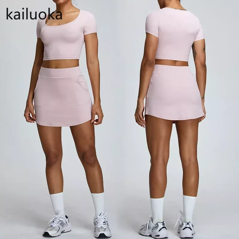 

Seamless Naked Yoga Set Gym Suits with Short Sleeves Crop Top Women's High Elastic Short Skirt Fitness Golf Beauty 2 Pieces Set