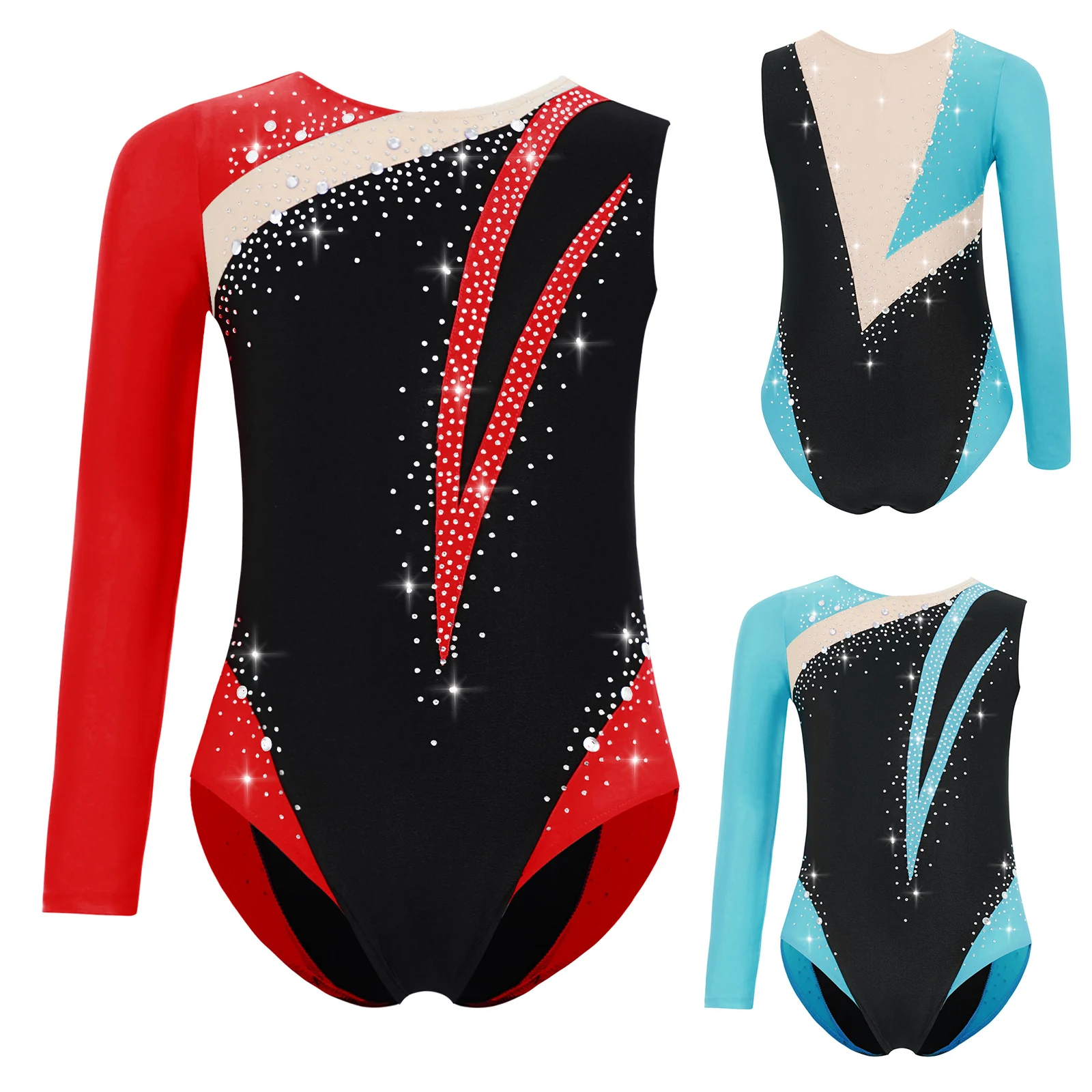 

Kids Girls Gymnastics Figure Skating Dance Bodysuit Asymmetrical Long Sleeve Round Neck Shiny Rhinestones Color Block Leotard