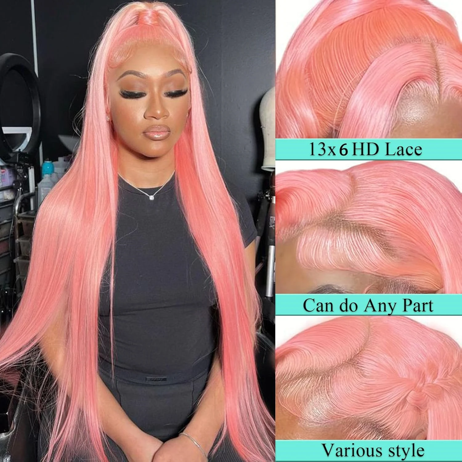 Parrucche anteriori in pizzo rosa 13x4 Parrucche anteriori in pizzo sintetico lungo dritto Glueless Pre pizzicate Capelli rosa resistenti al calore per le donne Quotidiano