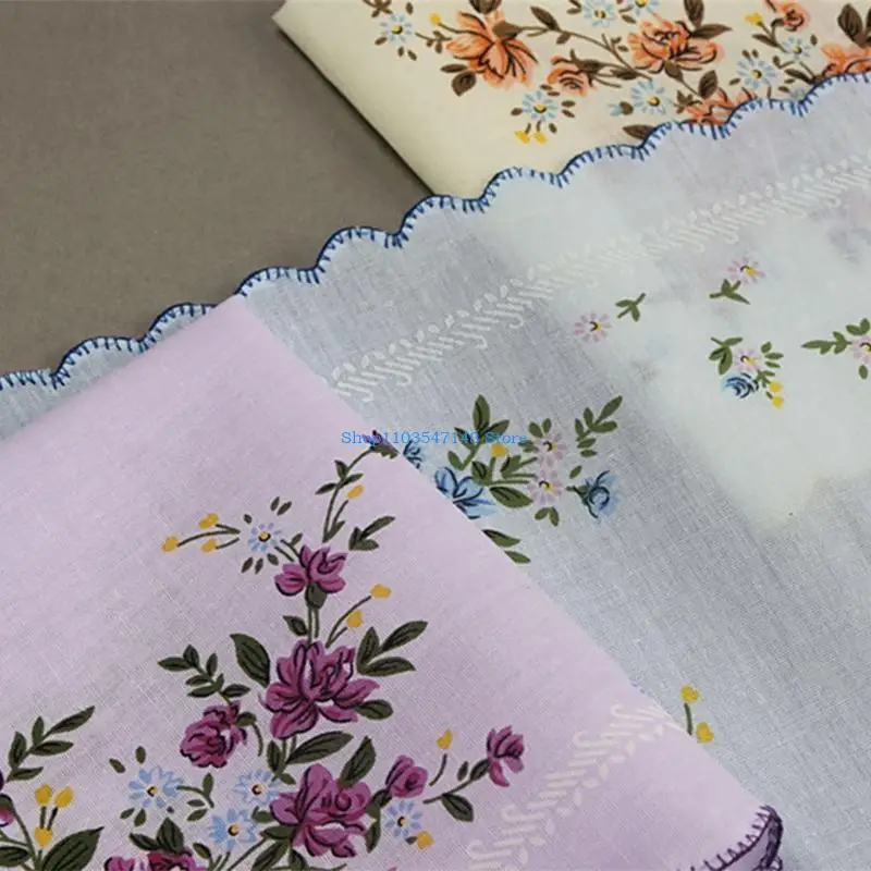 P88B 3 قطع مناديل قطنية متنوعة ذات حافة مموجة ومربع جيب مطبوع عليه زهور