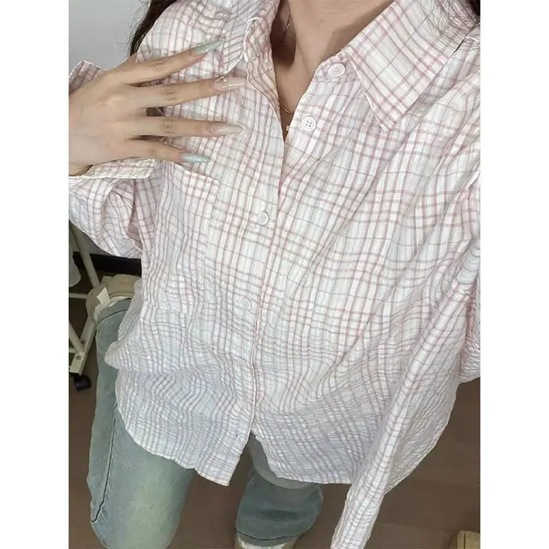 Elegant Pink Plaid Shirt Thin Long Sleeve Spring Autumn French Style Outerwear Casual Korean Loose Fit Polo Collar Shirt