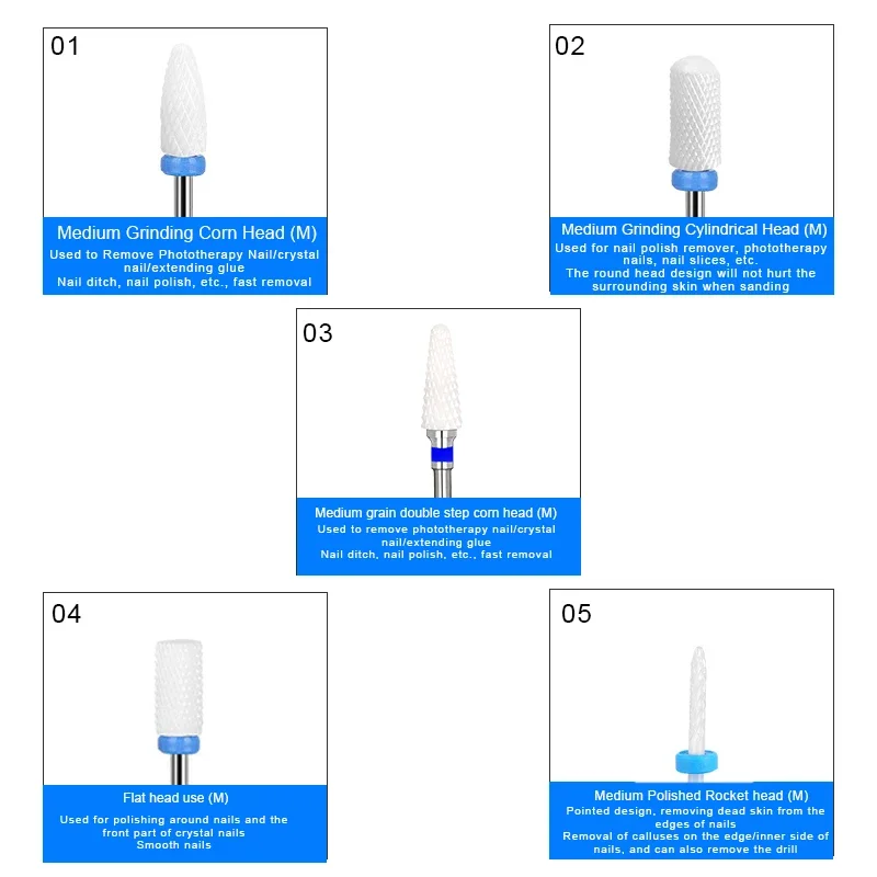 5개 세라믹 밀링 커터 매니큐어 네일 드릴 비트 전동 네일 파일 그라인딩 비트 밀링 커터 버 액세서리 젤 제거용
