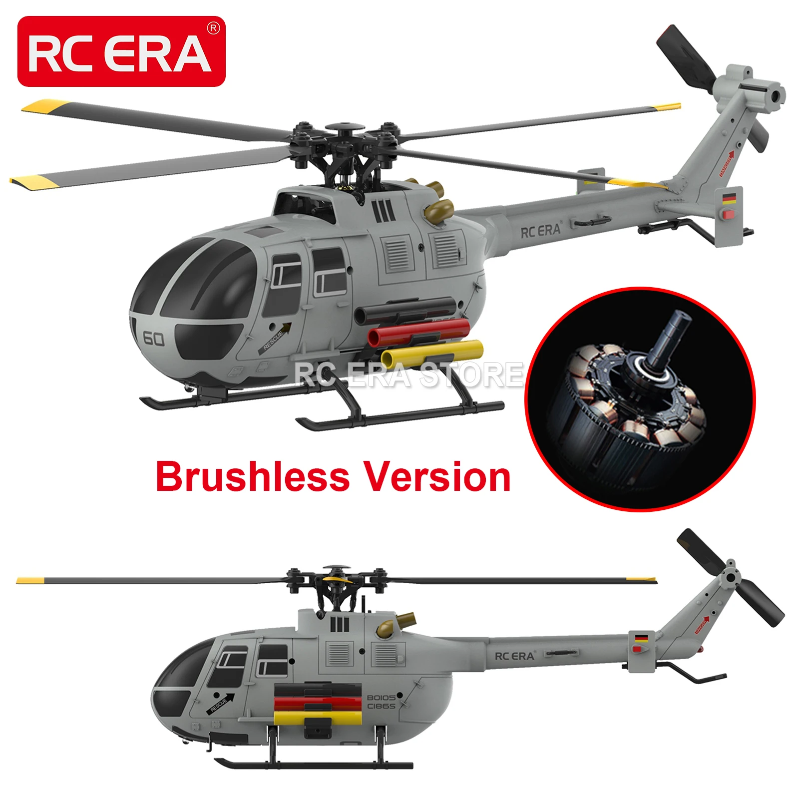 

RC ERA C186S Brushless BO105 RC Helicopter 2.4G 6-Aixs Gyroscope 4CH Altitude Hold Optical Flow Remote Control Toys for Adult