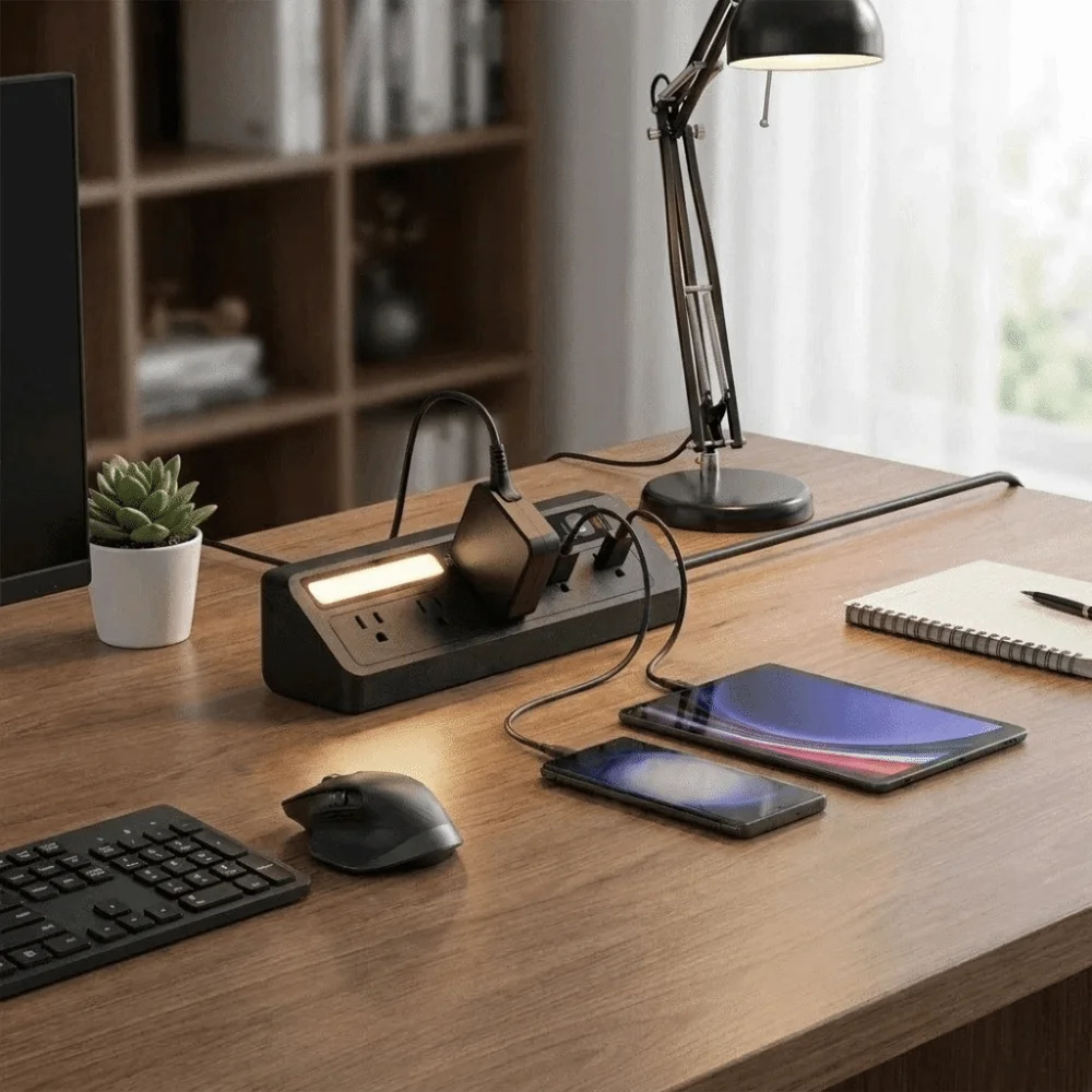 Touch Activated Desktop Charging Strip 2AC 2USB 3 Color USB Charging Station Compact Portable Flame-Retardant Shell