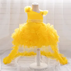 Baby Girls Trailing Birthday Party Dress Kids Yellow Lace Fluffy Costumes Toddler Summer Holiday Dresses Infant Fashion Vestido